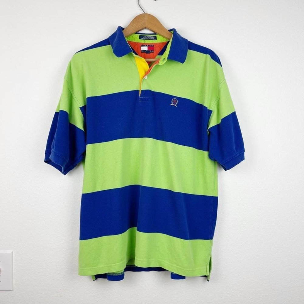 Vintage 90s Y2K Tommy Hilfiger Green and Blue Striped Polo Shirt‎